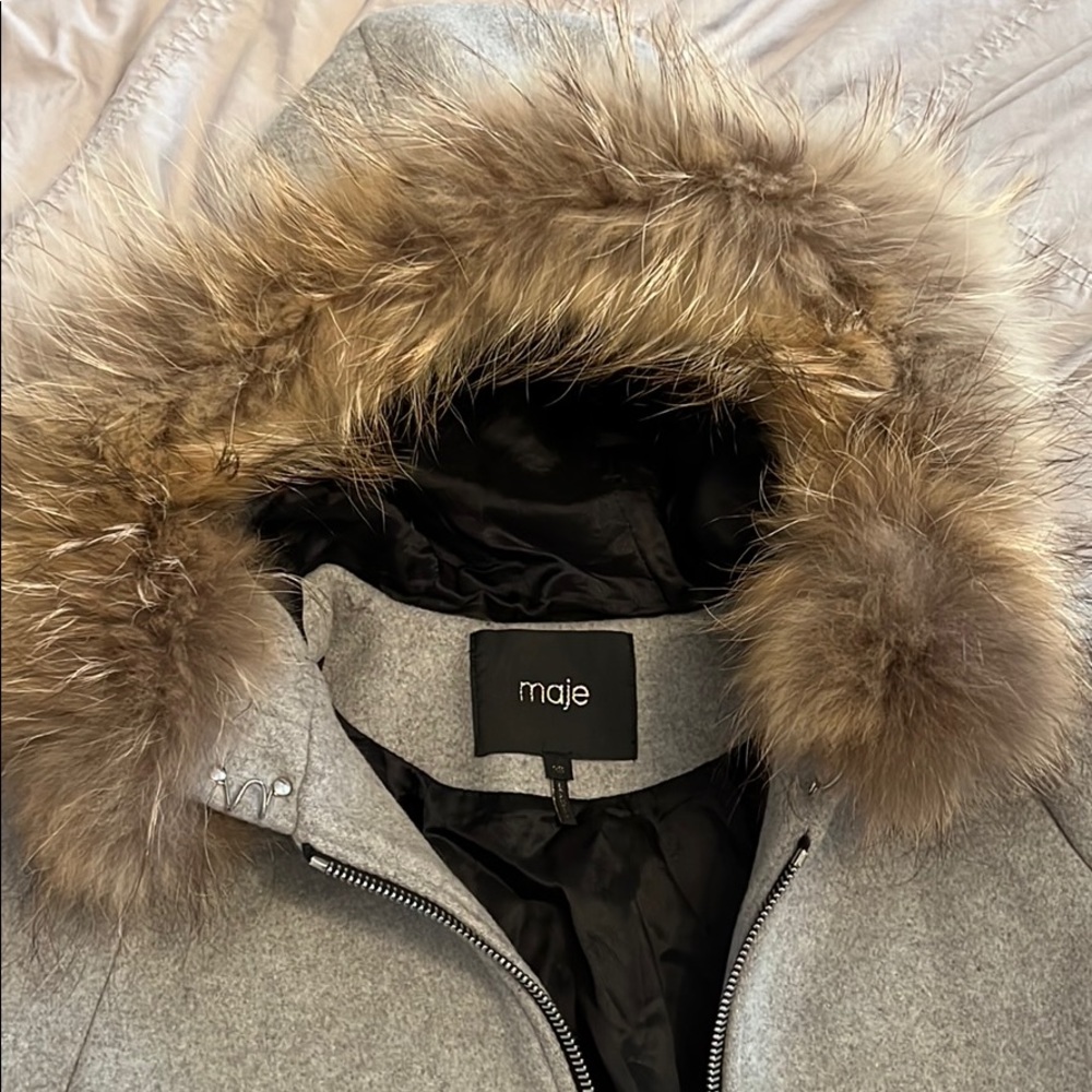 Maje Grey wool coat w/fur trim Size 36 (US sz 4-6)